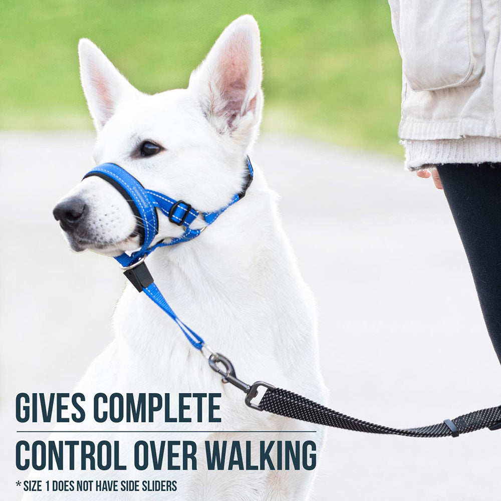 Breathable dog muzzles shown in blue, red and black
