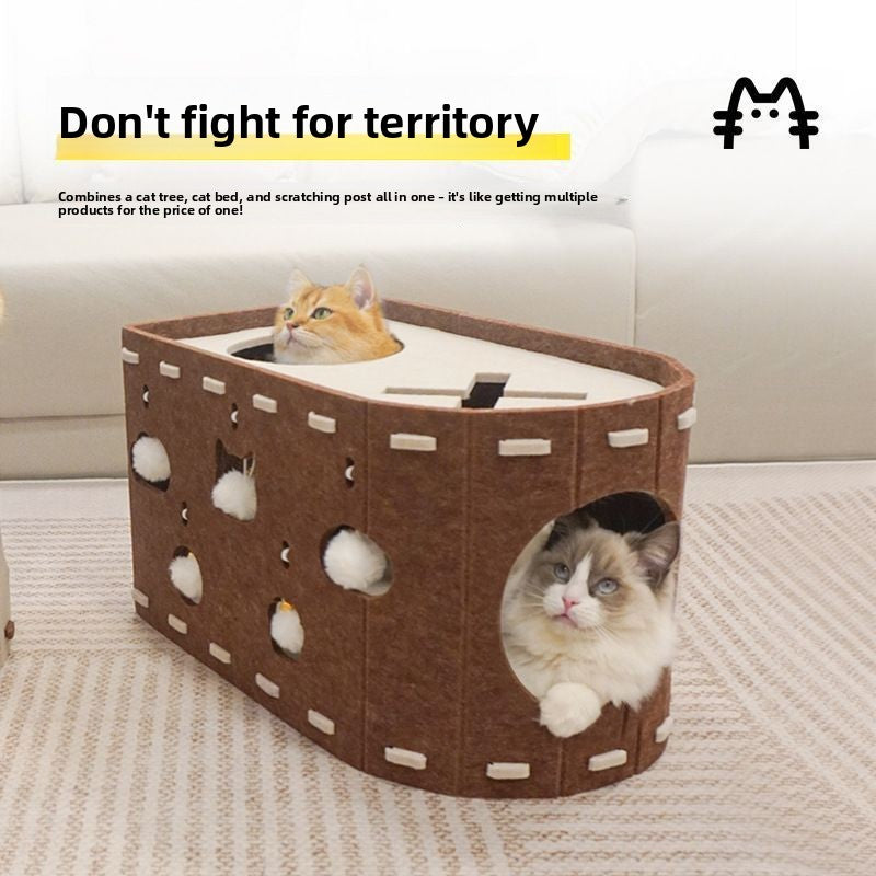 Beige double layer felt cat bed and scratching board, view 1