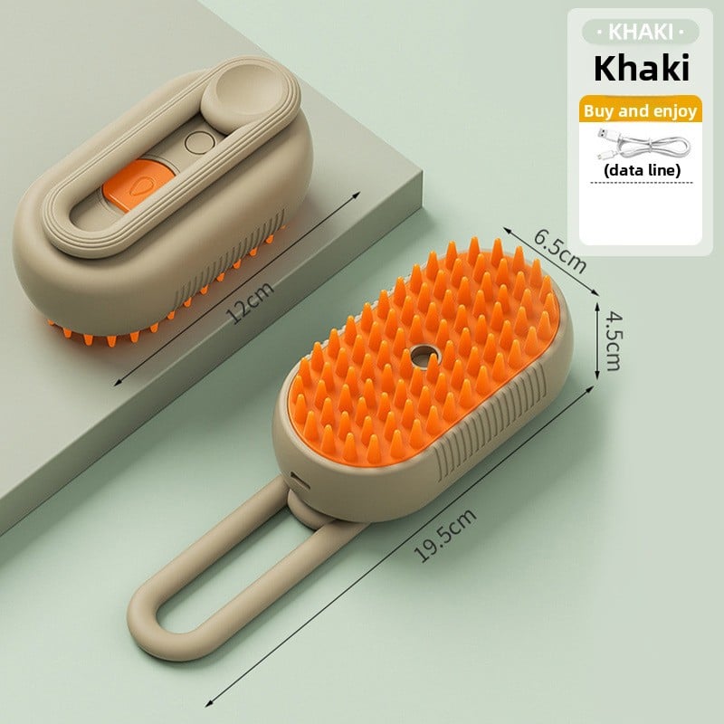 USB rechargeable pet spray massage comb in White, in use with a pet