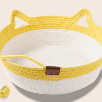 Small woven rattan cat nest in macaron blue with ball, view 1