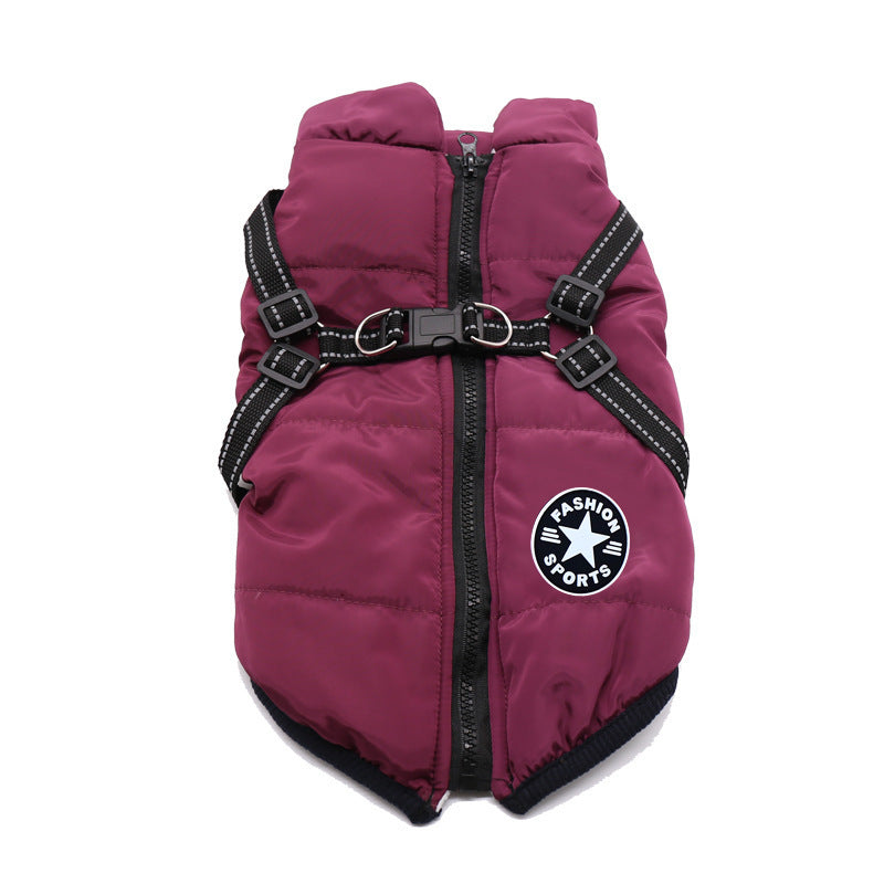 Waterproof padded dog winter coat with cotton insulation in Rose Red, front view