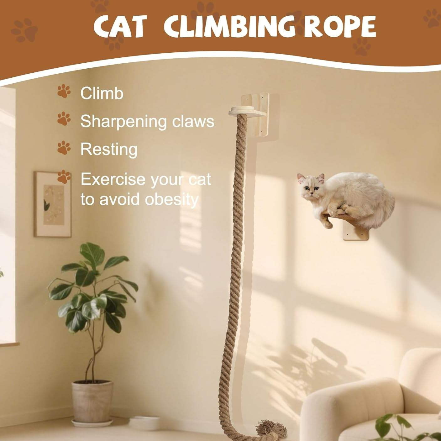 Wooden wall-mounted cat climbing platform with jute rope, photo 3