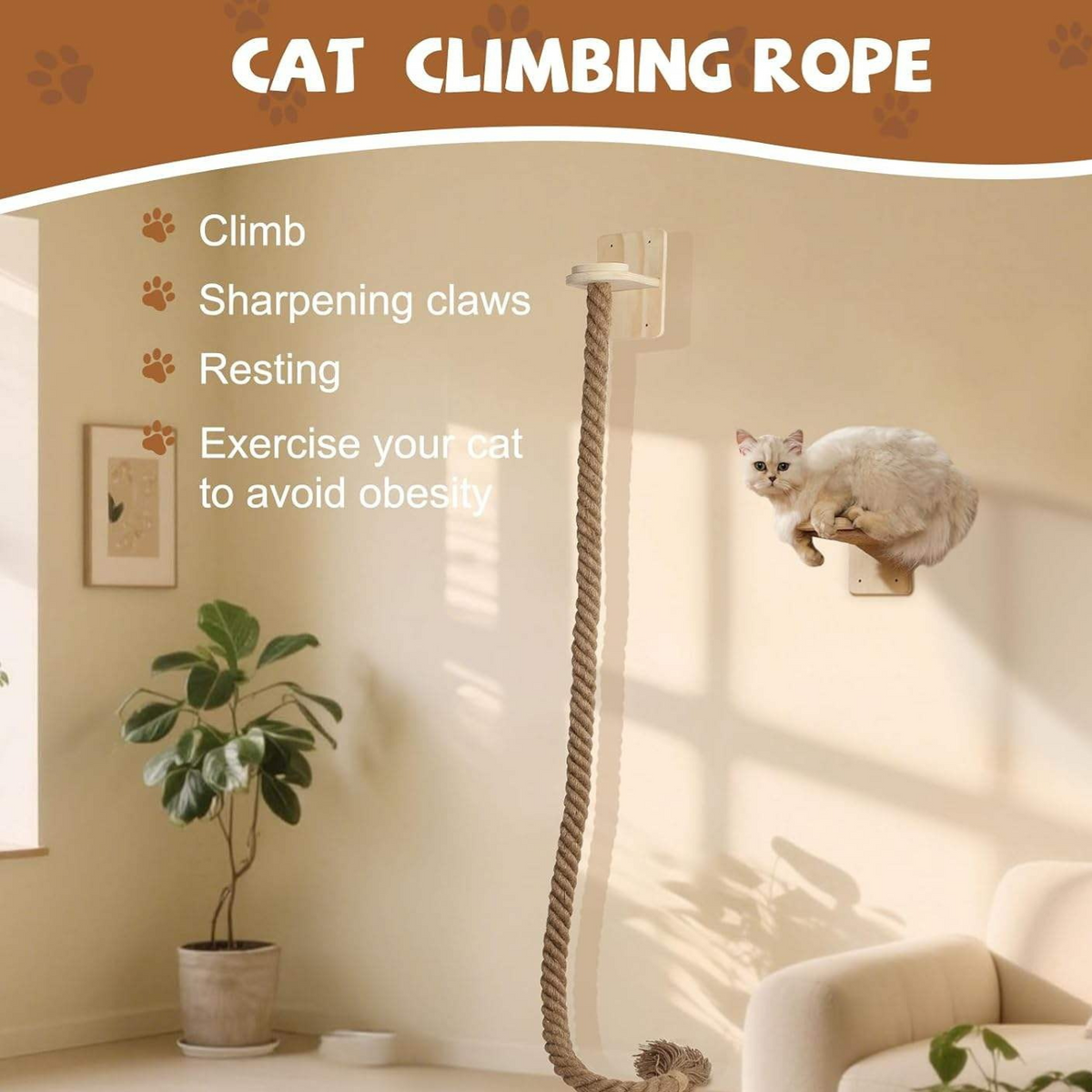 Wooden wall-mounted cat climbing platform with jute rope, photo 3