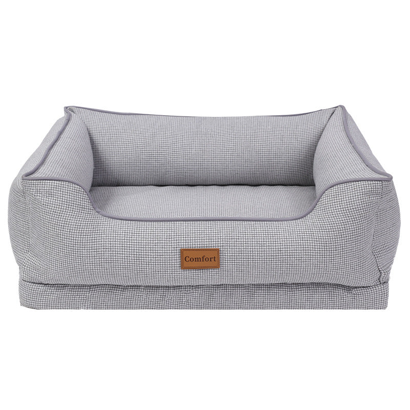 Small dog resting in a green breathable linen bed