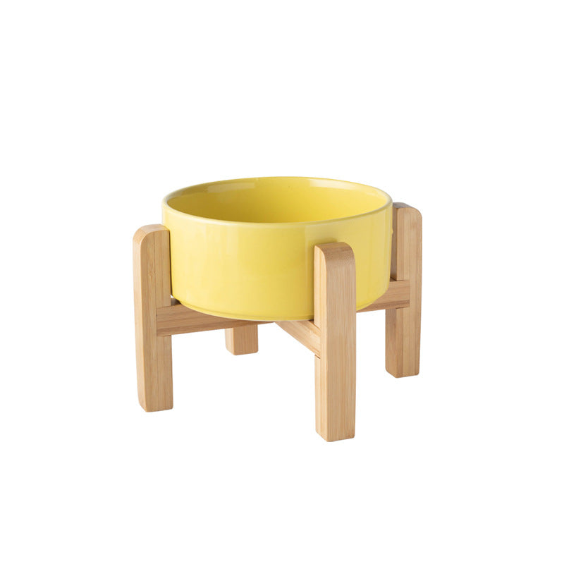 Elevated Ceramic Pet Feeding Bowl with Bamboo Stand, Anti-Spill Base in Five Colours