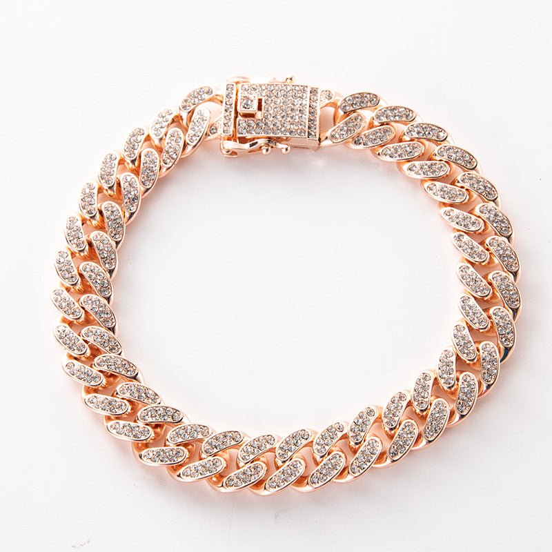 Rhinestone Cuban chain pet collar in Rose Gold, side view