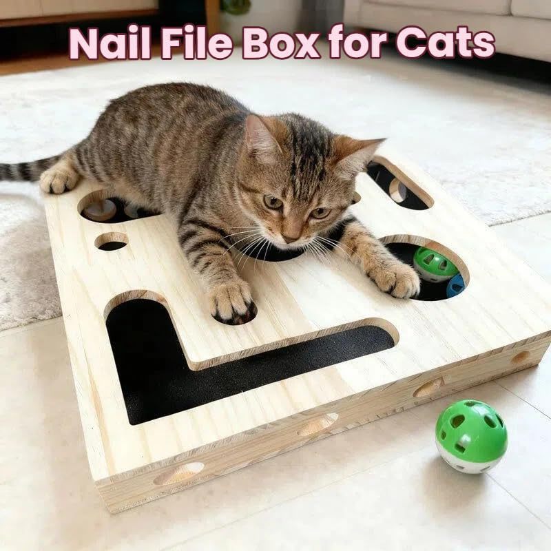 Wooden cat puzzle toy box with bell ball inside, view 3