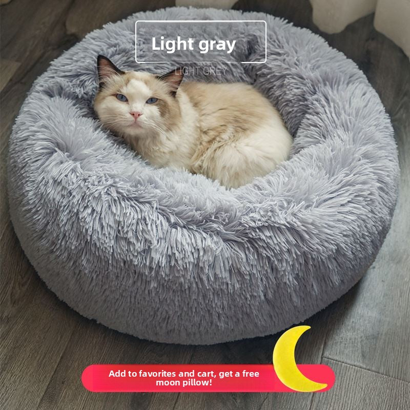 Round plush donut cat bed with raised rim, view 5