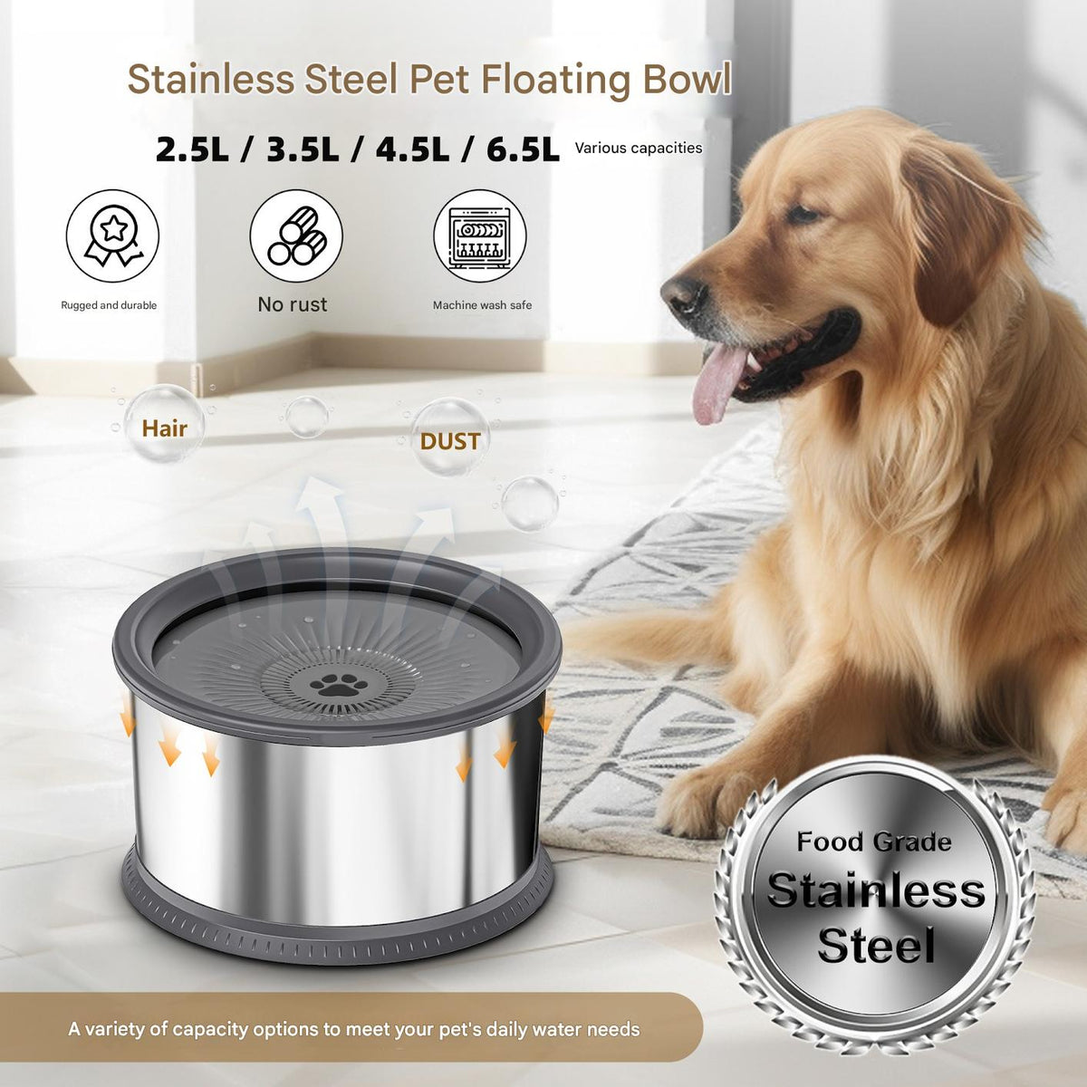 Stainless Steel Floating Pet Bowl in 2.5L, 3.5L and 4.5L Sizes for Dogs and Cats