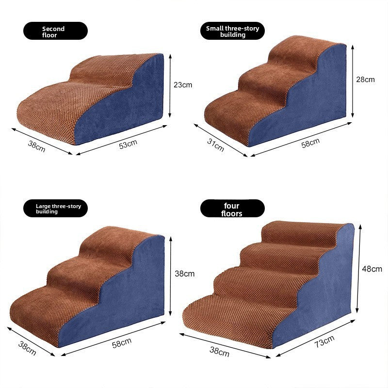 Brown and Blue foam dog stairs size chart with 2 to 5 step options