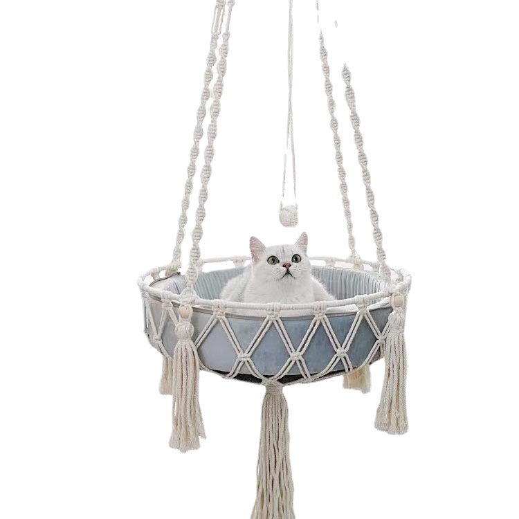 Cotton rope hanging cat basket bed boho style, detail photo 5