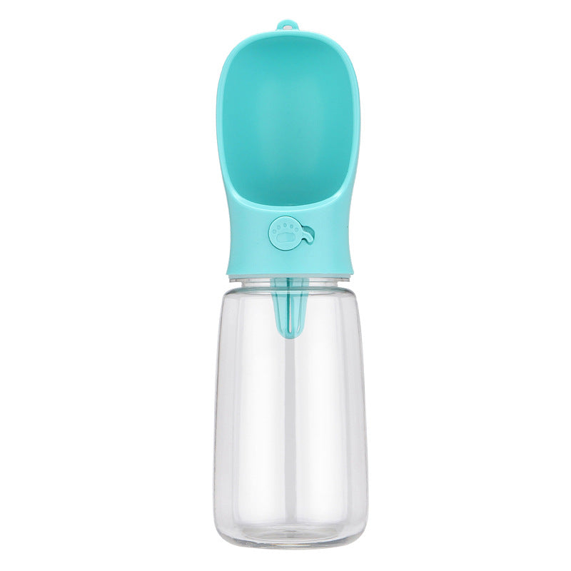 Leakproof dog walking water bottle in Pink 550ml with Food, front view