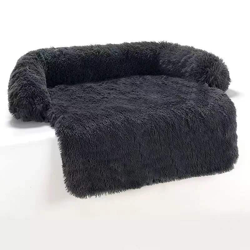 Dark grey long plush curved dog bed with raised sides, photo 8