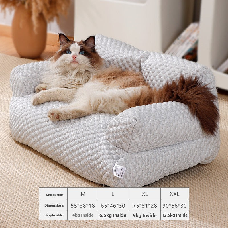 Cat curled up in a sunset orange sofa bed