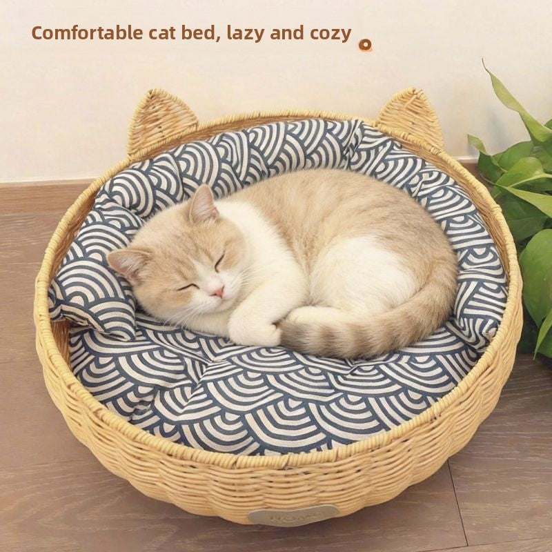 Brown rattan woven pet bed with blue cushion for cats, view 39
