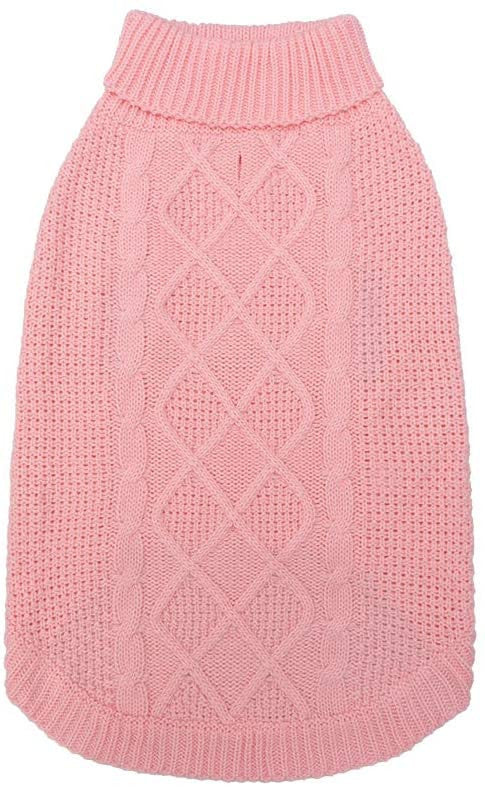 Cable knit roll neck dog jumper in wool knit in Red, showing size and shape