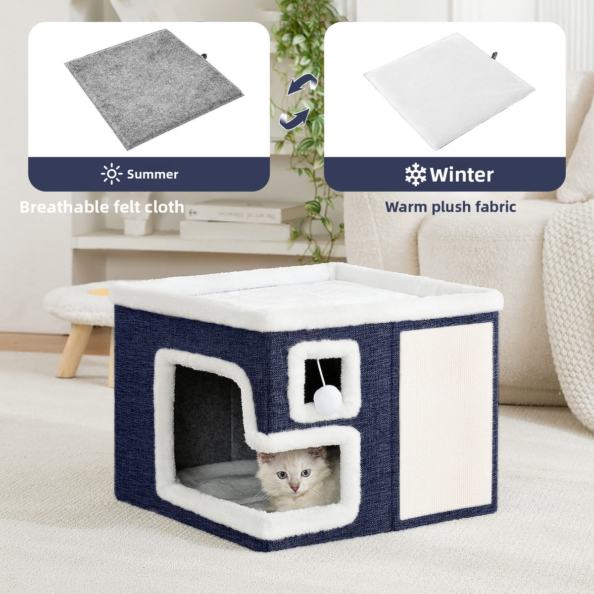 Grey foldable cat cave bed with side entrance, view 4
