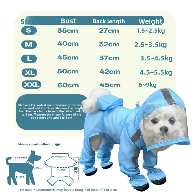 Four leg dog raincoats in five bright colours