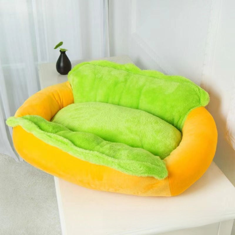 Hot dog shaped pet bed for cats and small dogs, photo from another angle