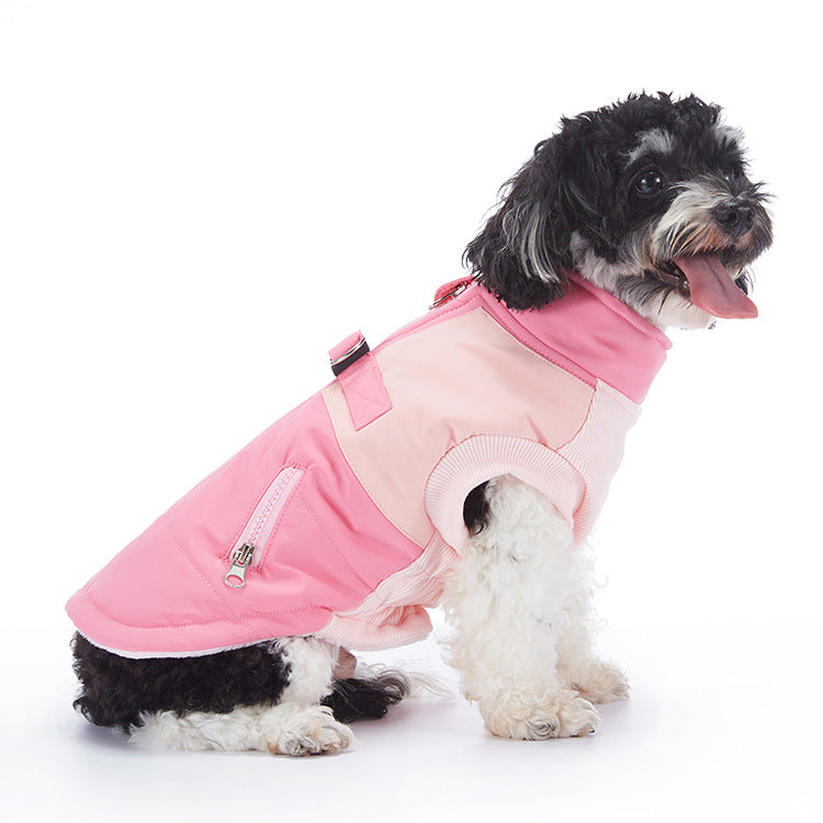 Waterproof padded British style dog winter coat in Red and Blue, close-up detail