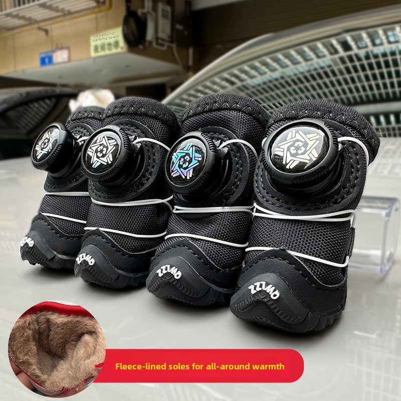 Plush lined winter dog shoes with rubber sole in Black Pair, front view