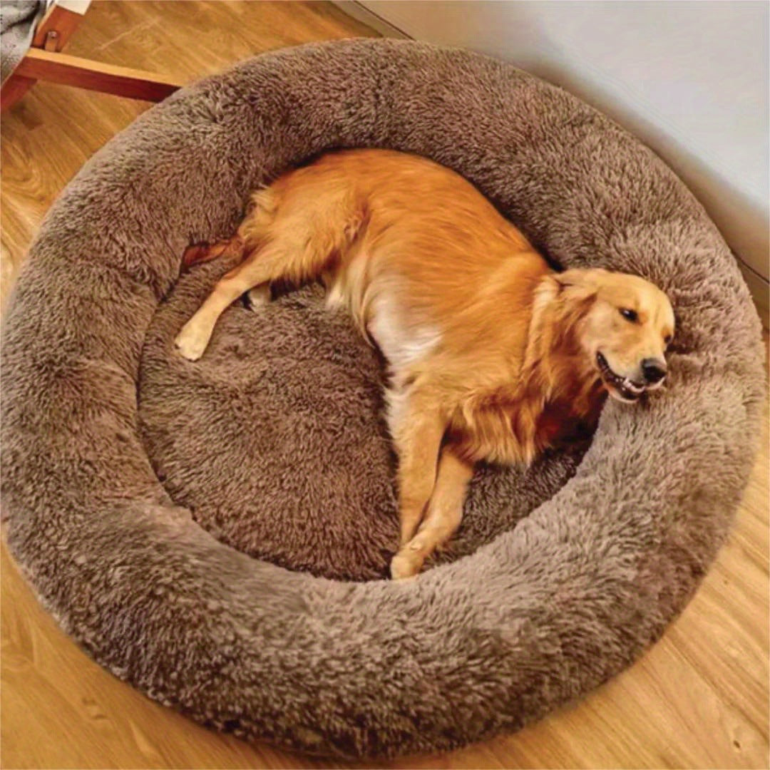 Brown round plush donut dog bed with raised rim, view 10