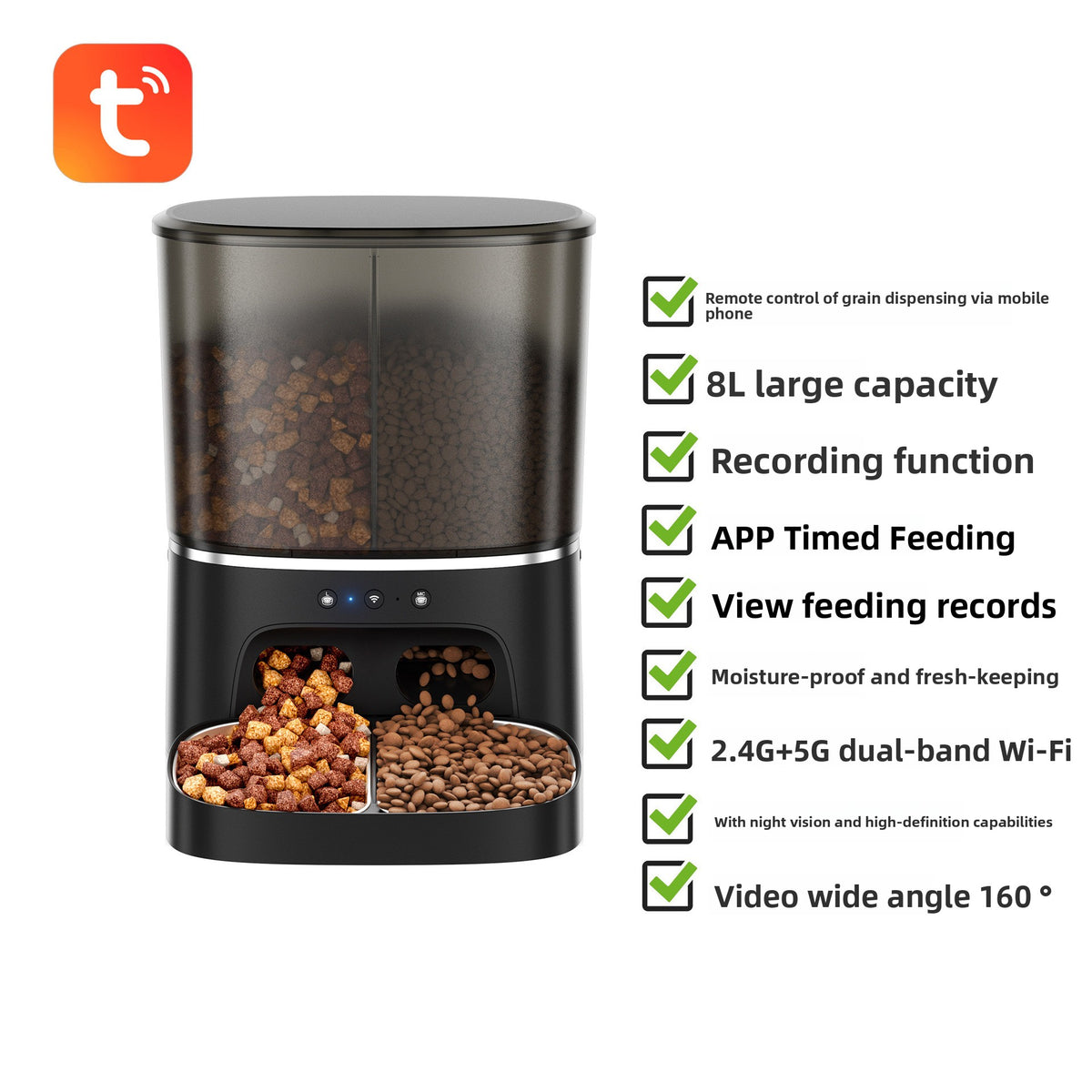 Smart 8L Dual-Bowl Pet Feeder with WiFi App Control and Optional Video Camera
