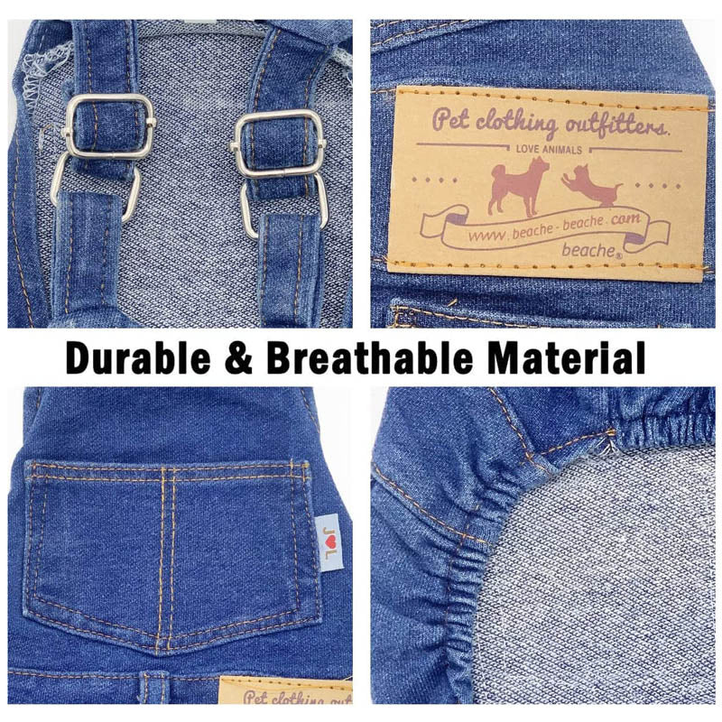 Washed denim dog jumpsuit with suspenders in Blue, showing size and shape