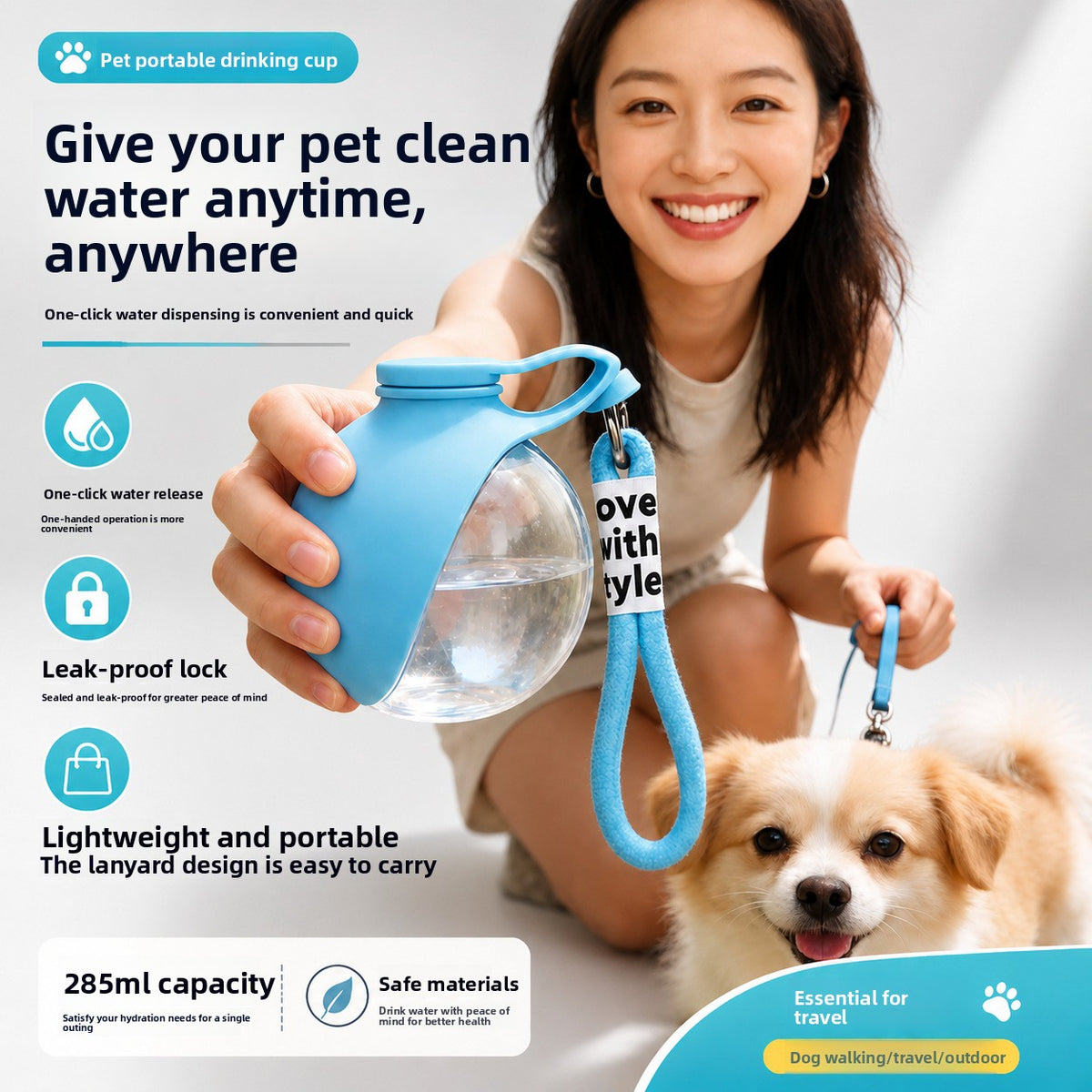Foldable Stainless Steel Pet Travel Water Bowl with Hanging Rope Hook for Dogs