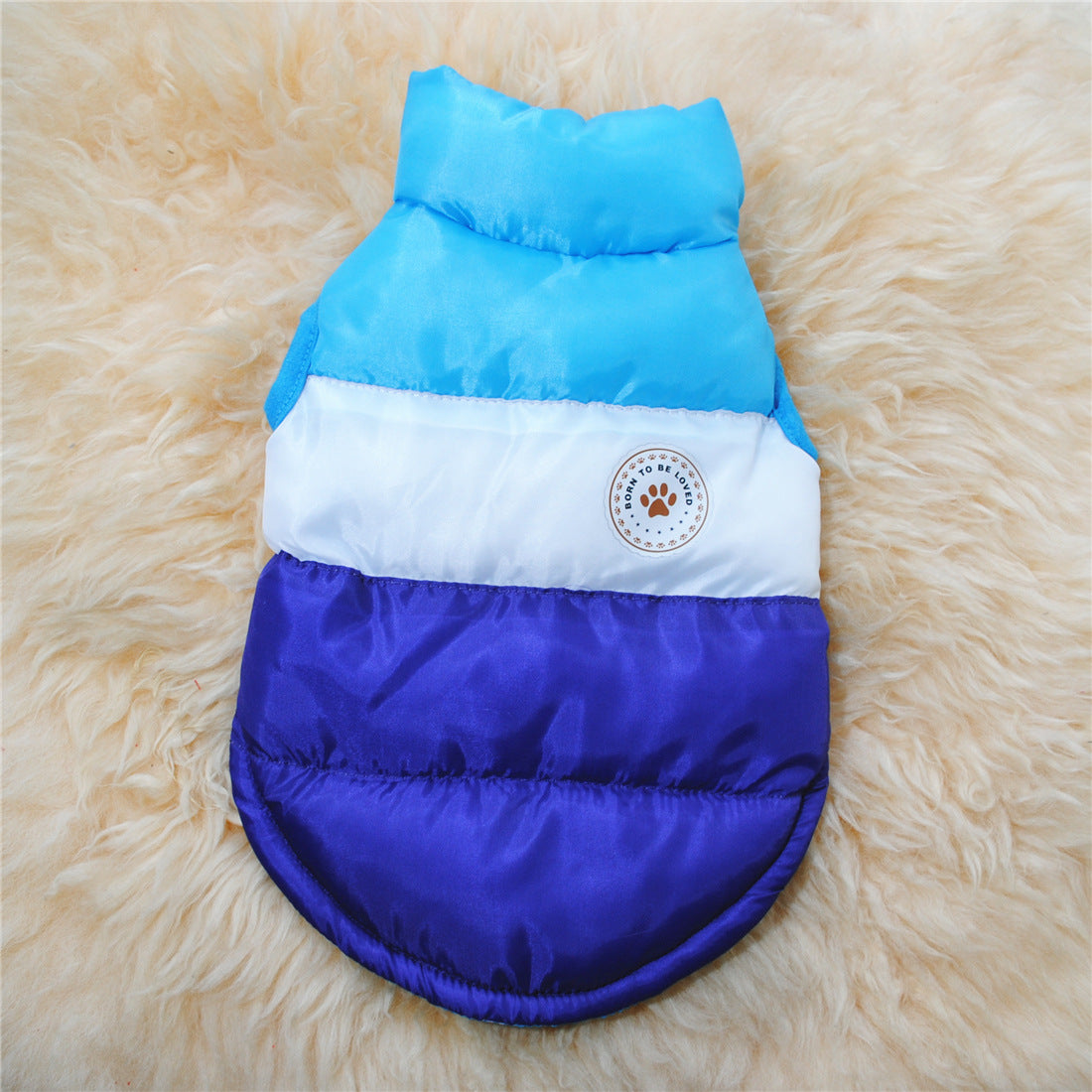 Colour block puffer dog coat with button front in Rose Red, in a home setting