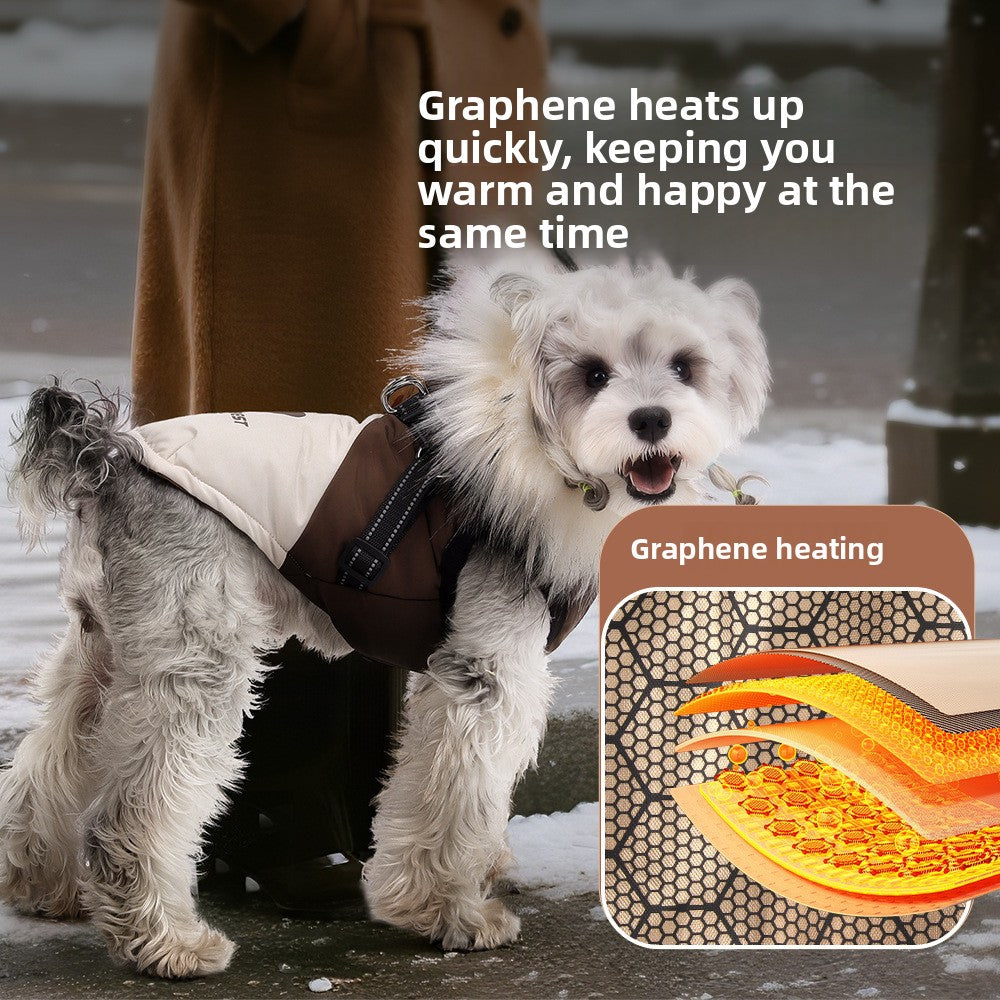 Hooded padded dog jacket with faux fur collar in Brown, close-up detail