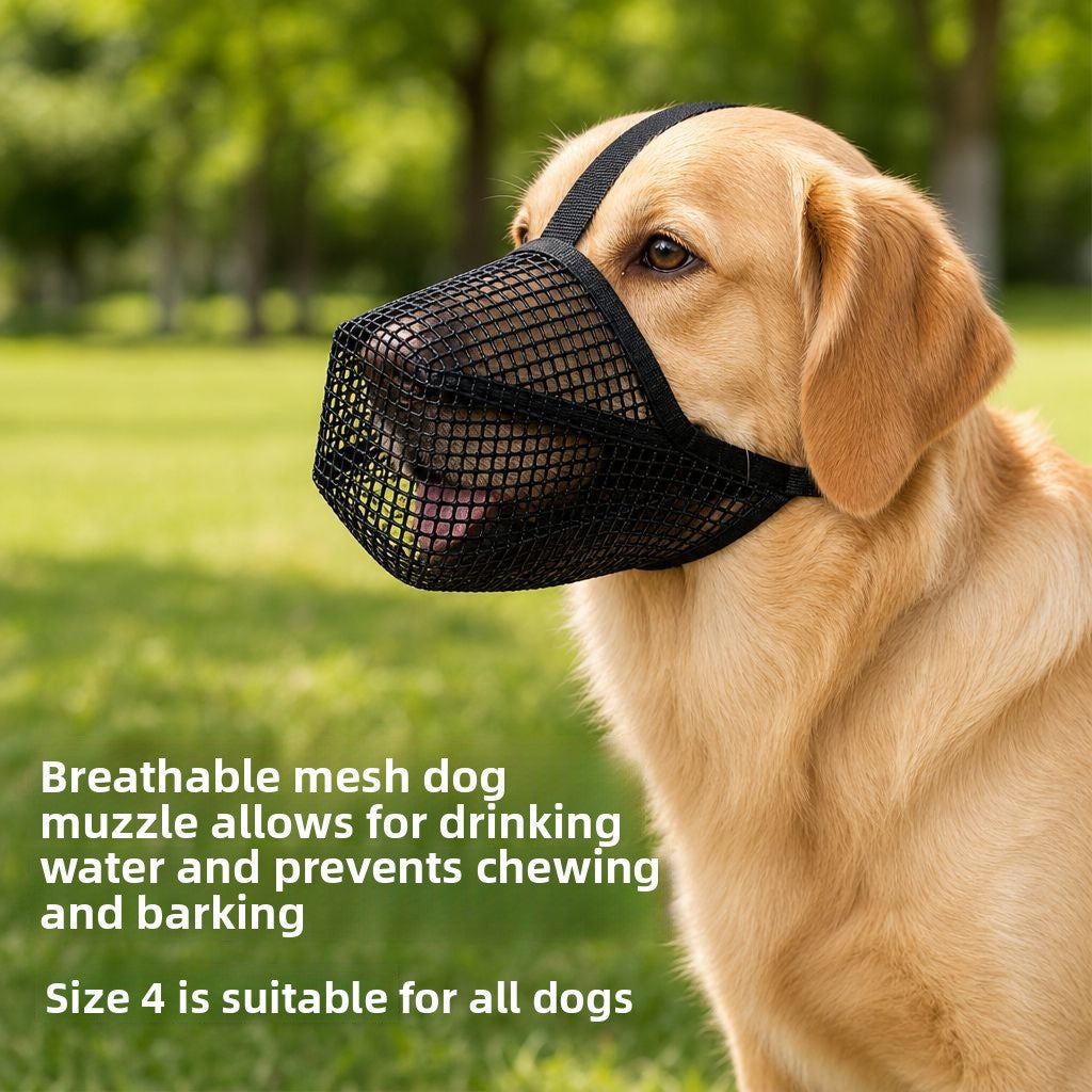 Black breathable nylon mesh dog muzzle with adjustable strap, product image 1