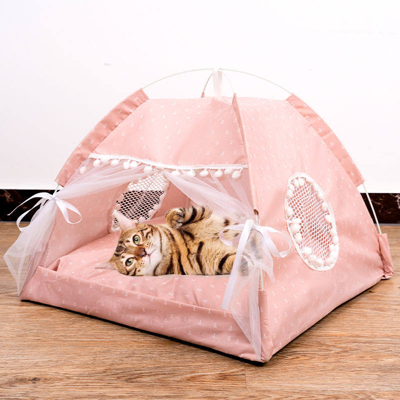 Pink enclosed cat tent bed with soft lining, view 4