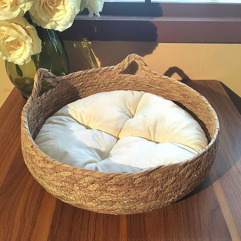 Woven cattail grass cat nest with cute cat ears, product image 4