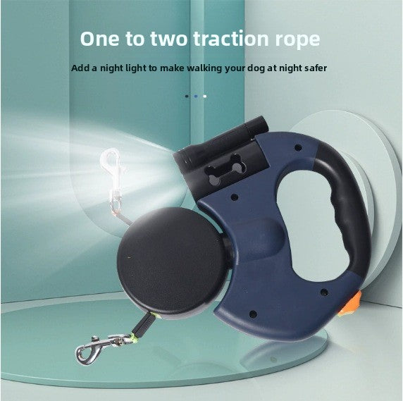 Dual head retractable lead for walking two dogs with bag holder
