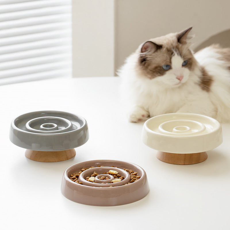 Round Ceramic Slow Feeder Bowl 15.5cm with Raised Pattern and Optional Wooden Base