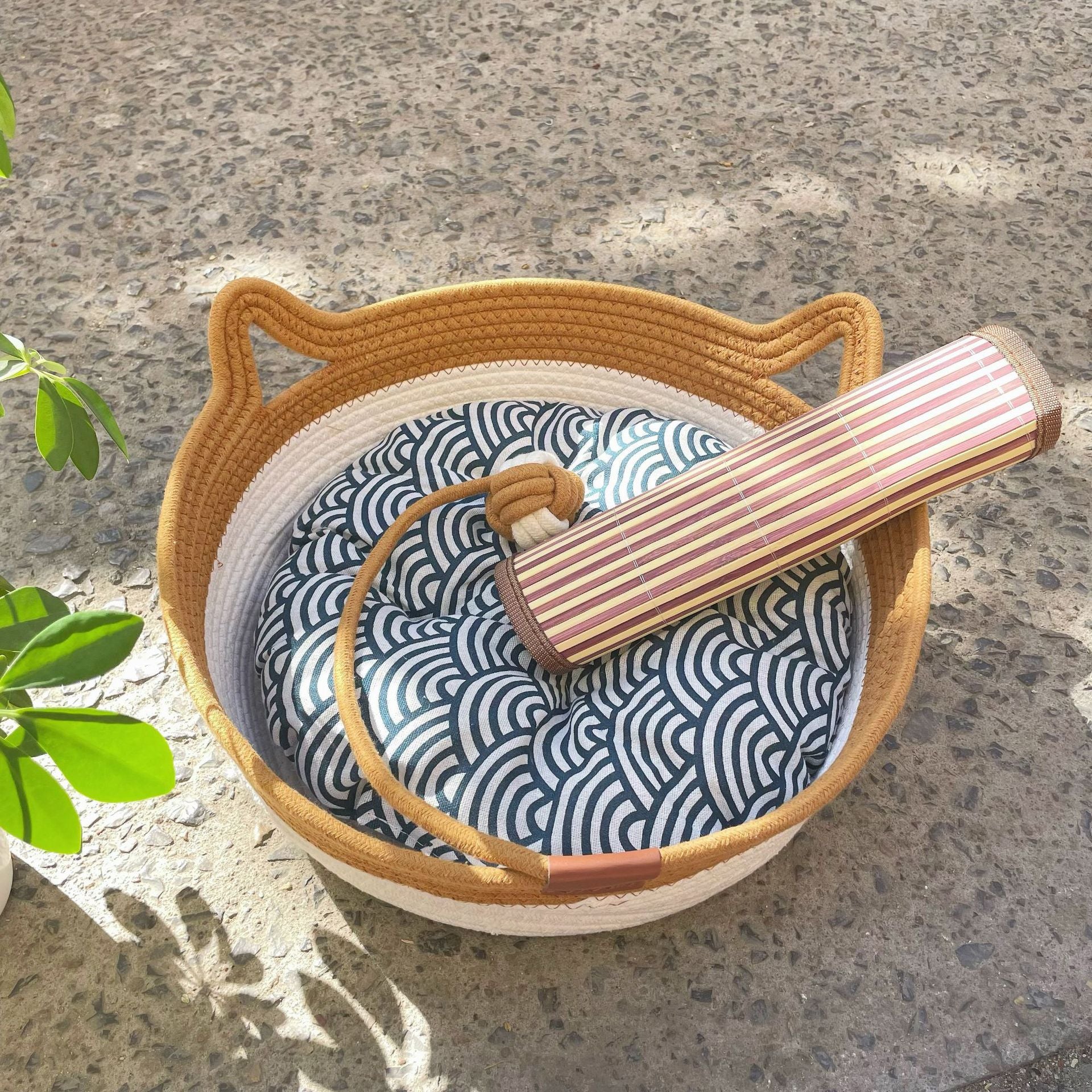Woven rattan cat bed with cat ears and toy ball, view 29