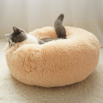 Round velvet cat bed mat for winter in Light Brown, size 50cm