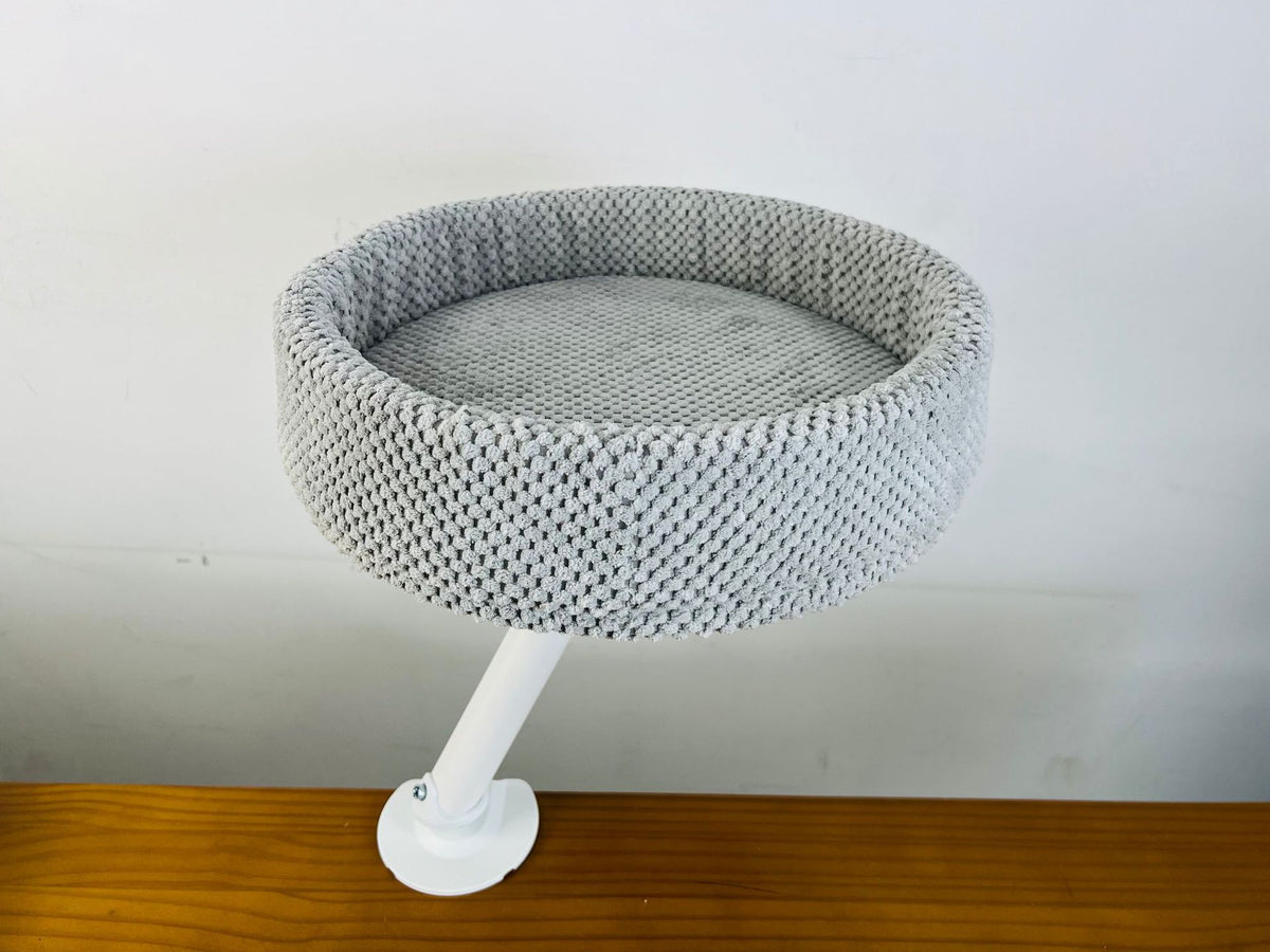 Light grey floating desktop cat bed on black wooden stand, photo 7
