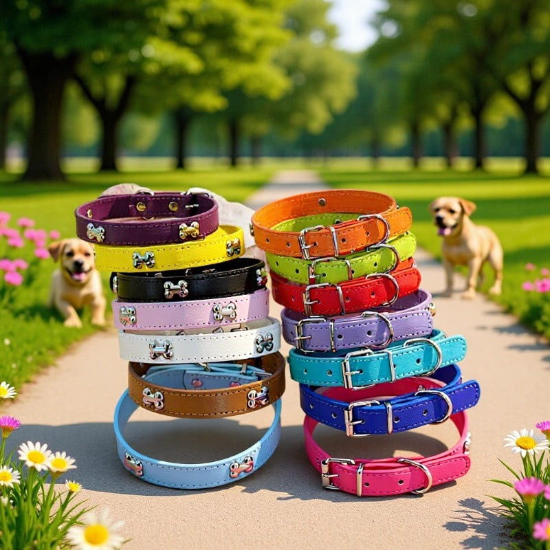Adjustable PU leather dog collar in Light Blue, front view