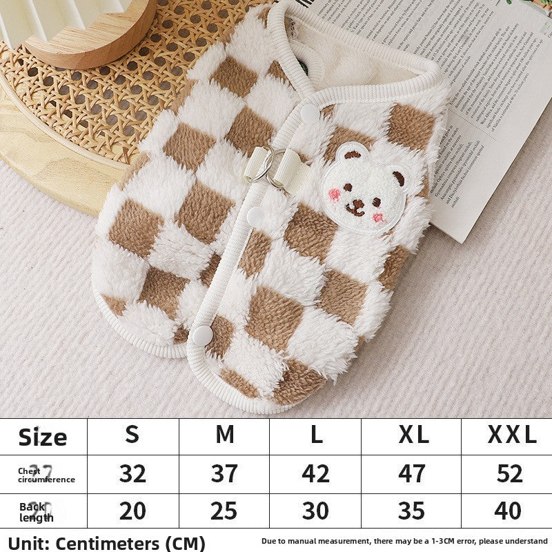 Fleece lined pet vest with back lead opening in Khaki Puppy, showing size and shape