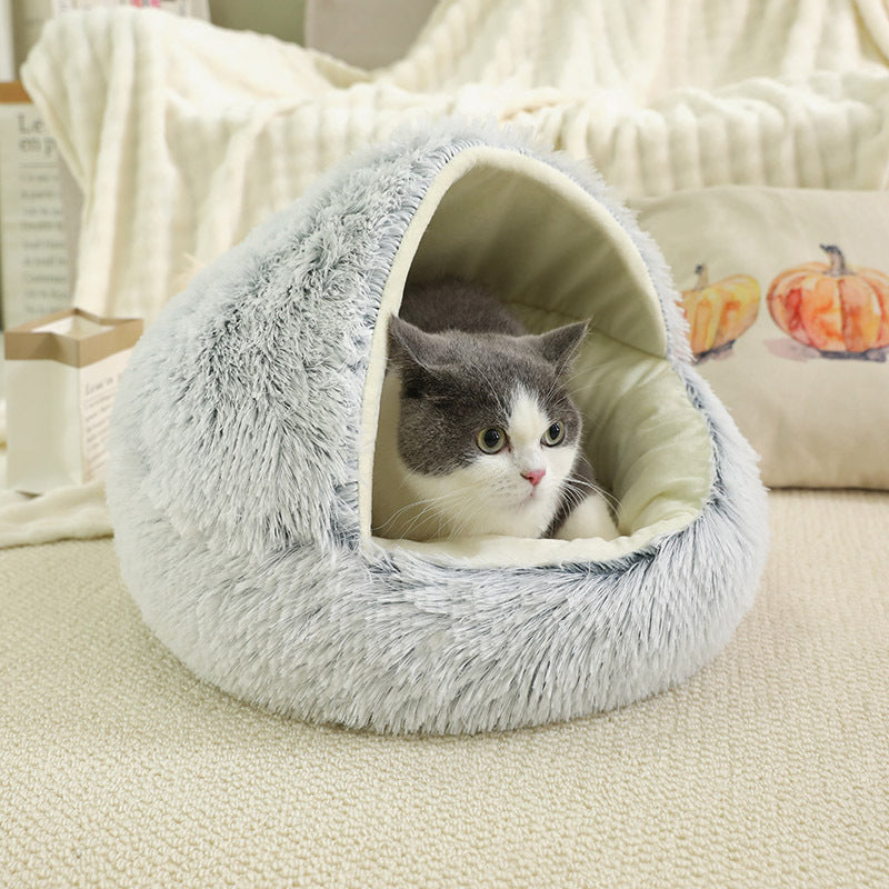 Gradient grey semi-enclosed shell cat bed in short velvet, photo 13