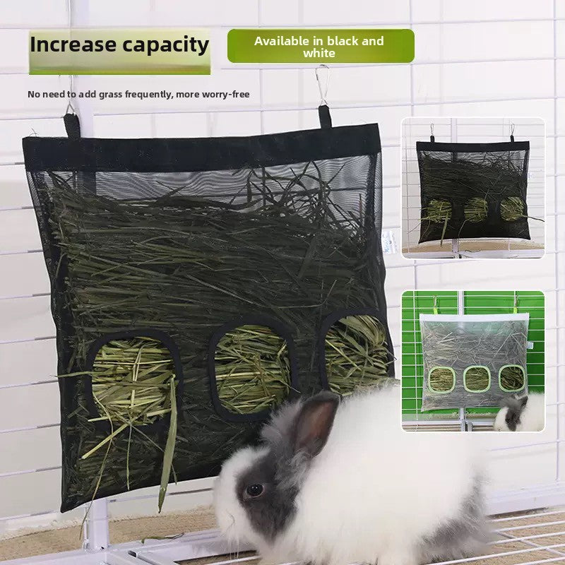 Hanging washable rabbit hay bag in black or white, view 3