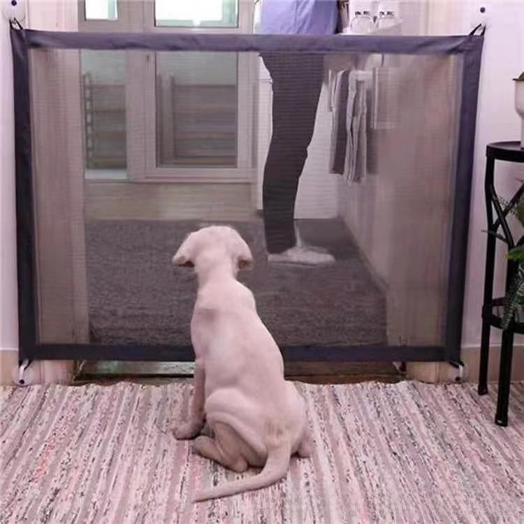 Portable mesh pet barrier net for doorways, alternative angle view