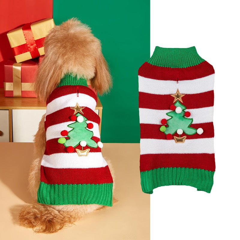 Christmas knitted pet jumper with festive design in Red Tree Skirt, material detail