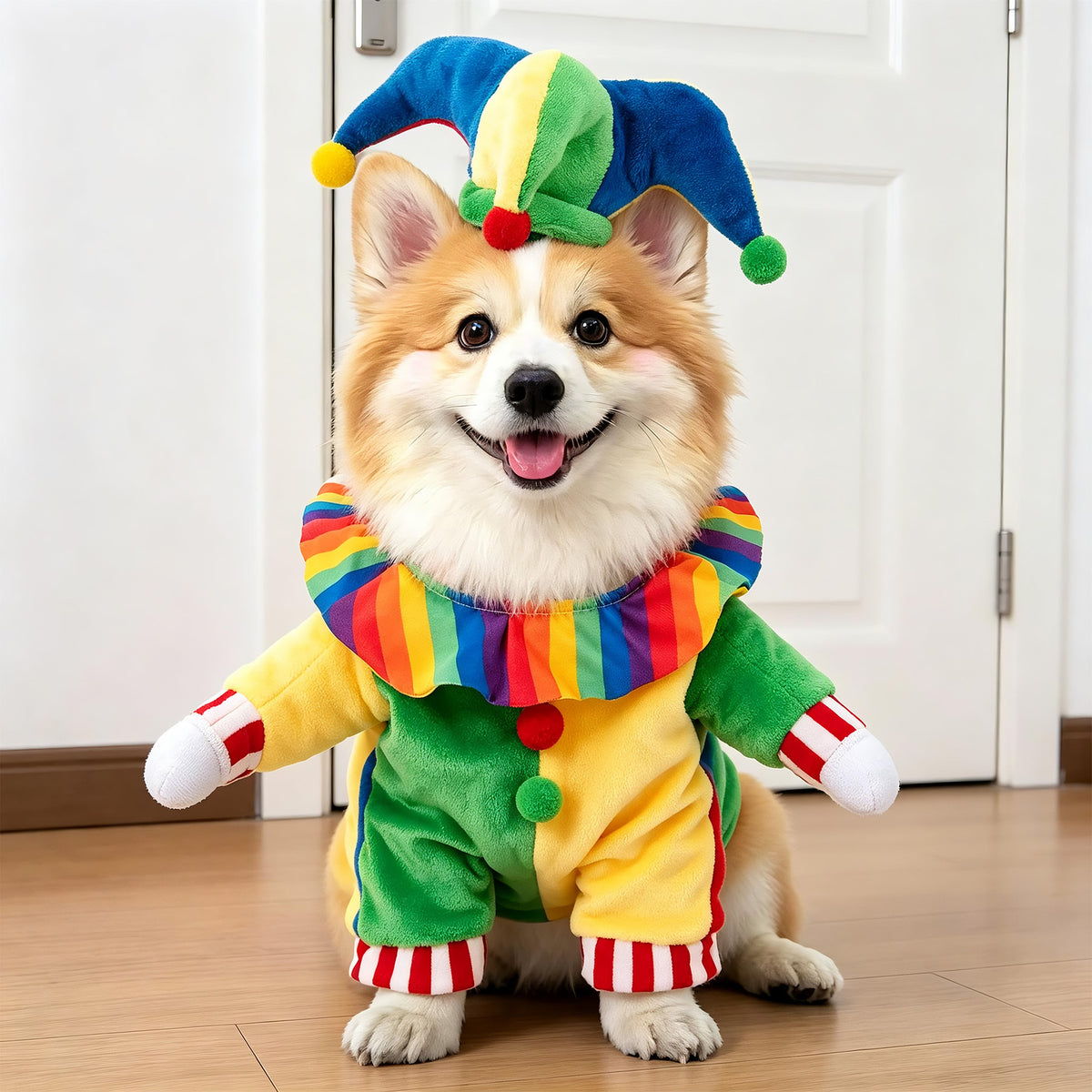Small dog dressed in a funny clown Halloween costume