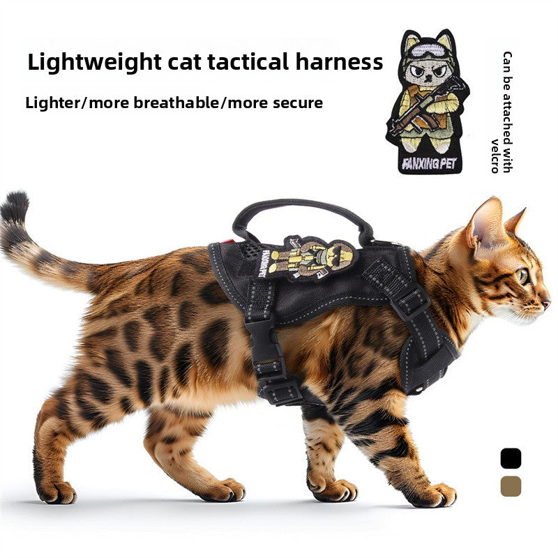 Black escape resistant cat harness with elastic lead, view 1