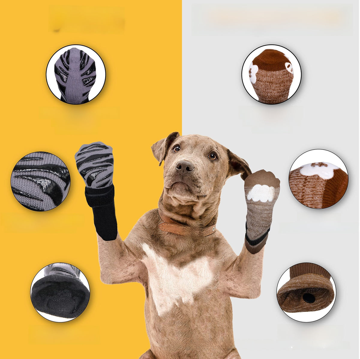 Anti-slip knitted cotton dog socks with grip soles, close-up detail