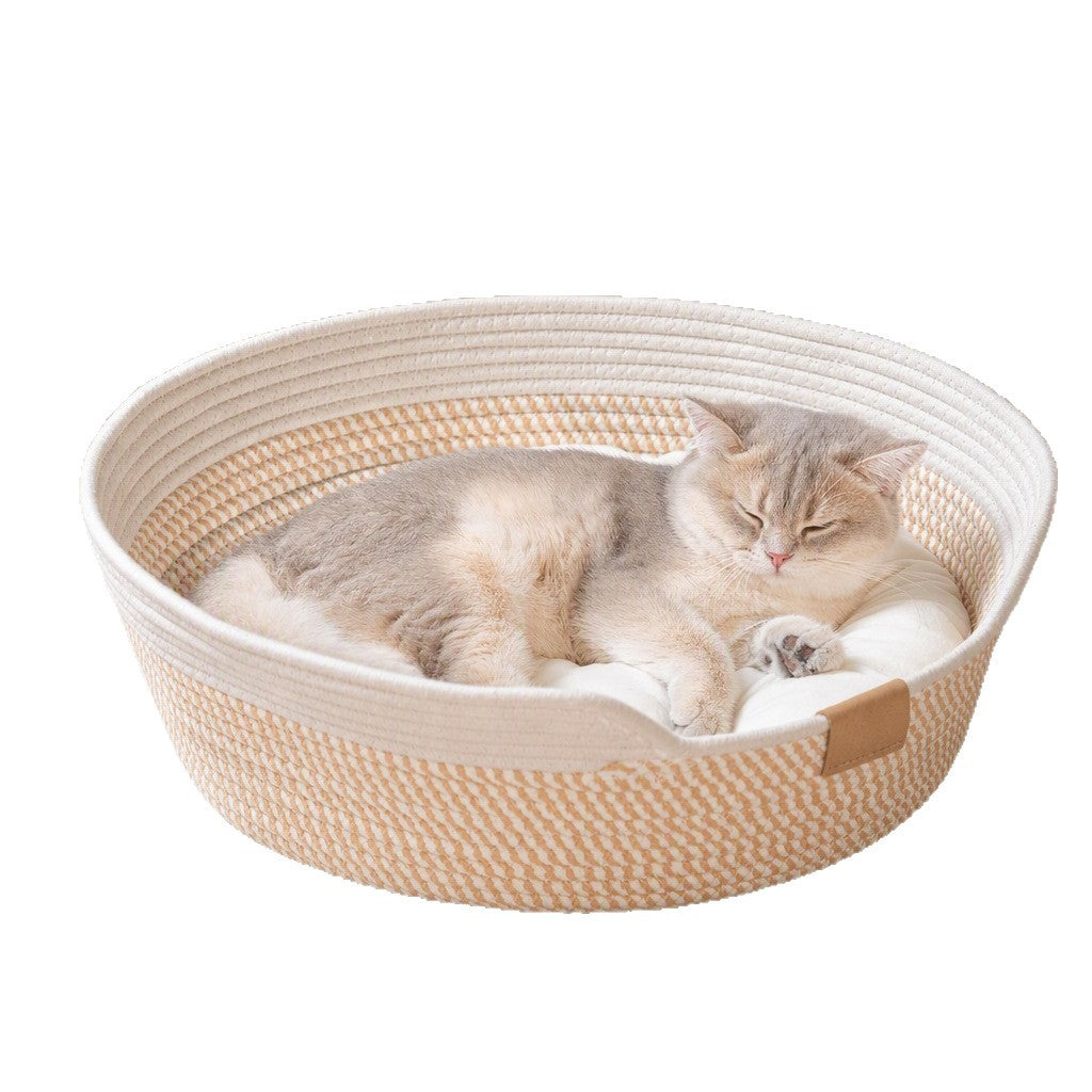 Round woven cotton rope cat bed and scratcher in beige and white, view 5