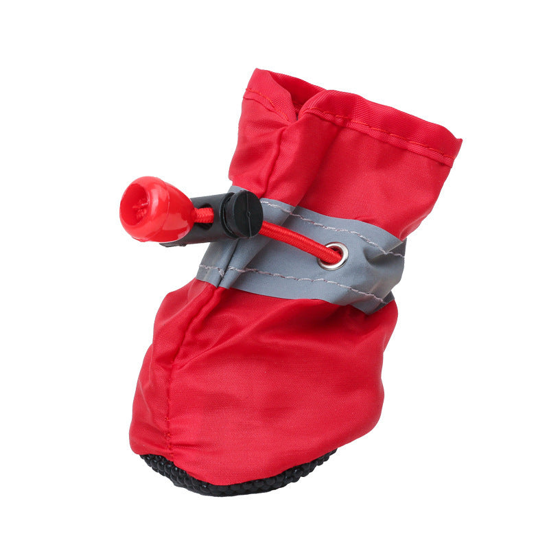 Anti-slip waterproof dog shoes with reflective strips in Red, front view